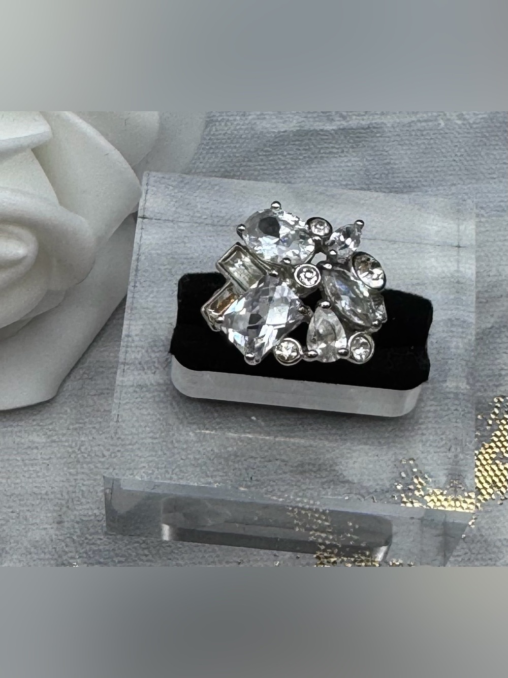 Vintage Nataliya V Collister (NVC) Clear Crystal Cluster Cocktail Ring -size 5